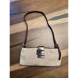 Fendi Baguette Beaded Shoulder Bag Beige With Leather Strap & Buckle Accent